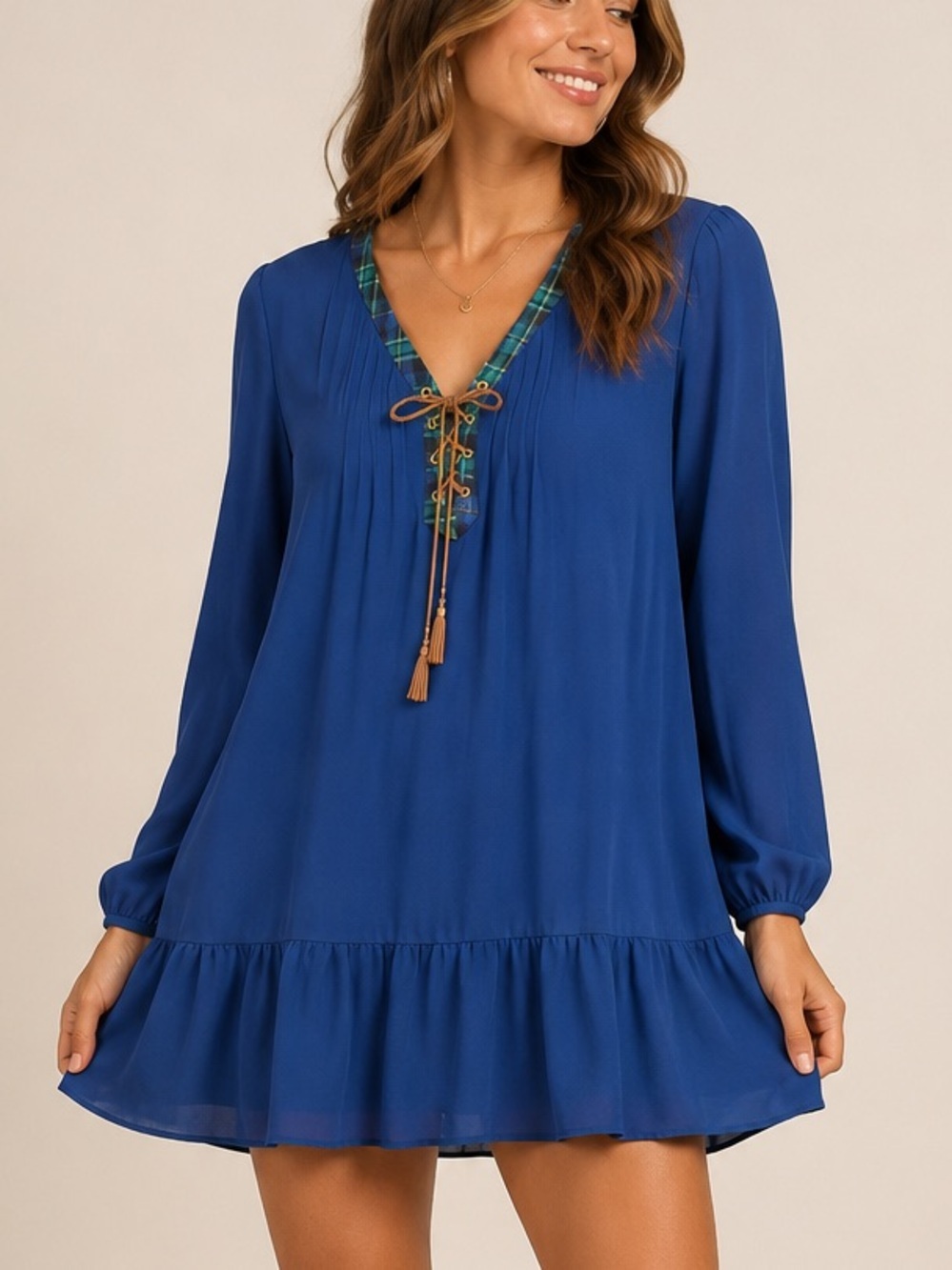 NY Collection Boho Long Sleeve Plaid Trim Tassel Dress Blue Petite Large